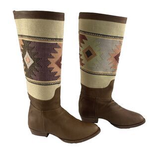 Uxibal Brown Guatemalan Leather Hand Woven Fabric Tall Boots‎ Womens Sz 8.5